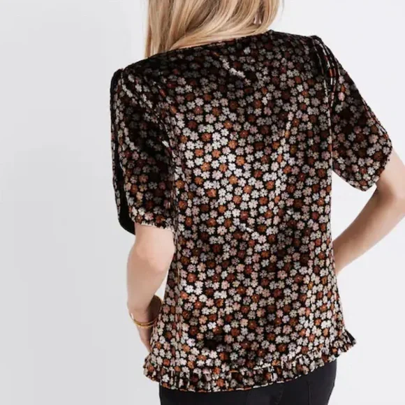Madewell Burnout Velvet Charcoal Petite Blooms Tulip-Sleeve Ruffle Blouse Med - Picture 4 of 13